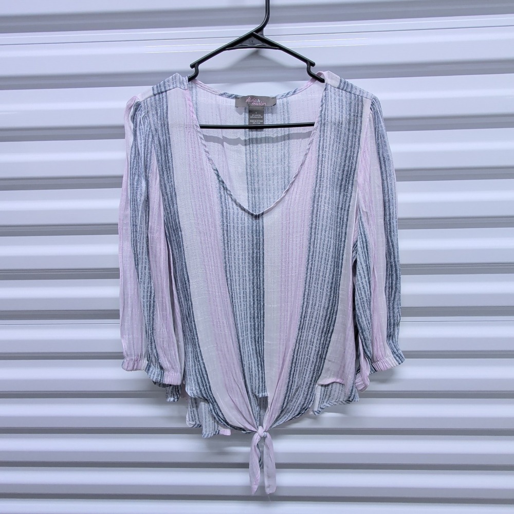 Olivia & Martin Top Large Purple Grey Striped V-Neck Tie Front 3/4 Sleeve Blouse